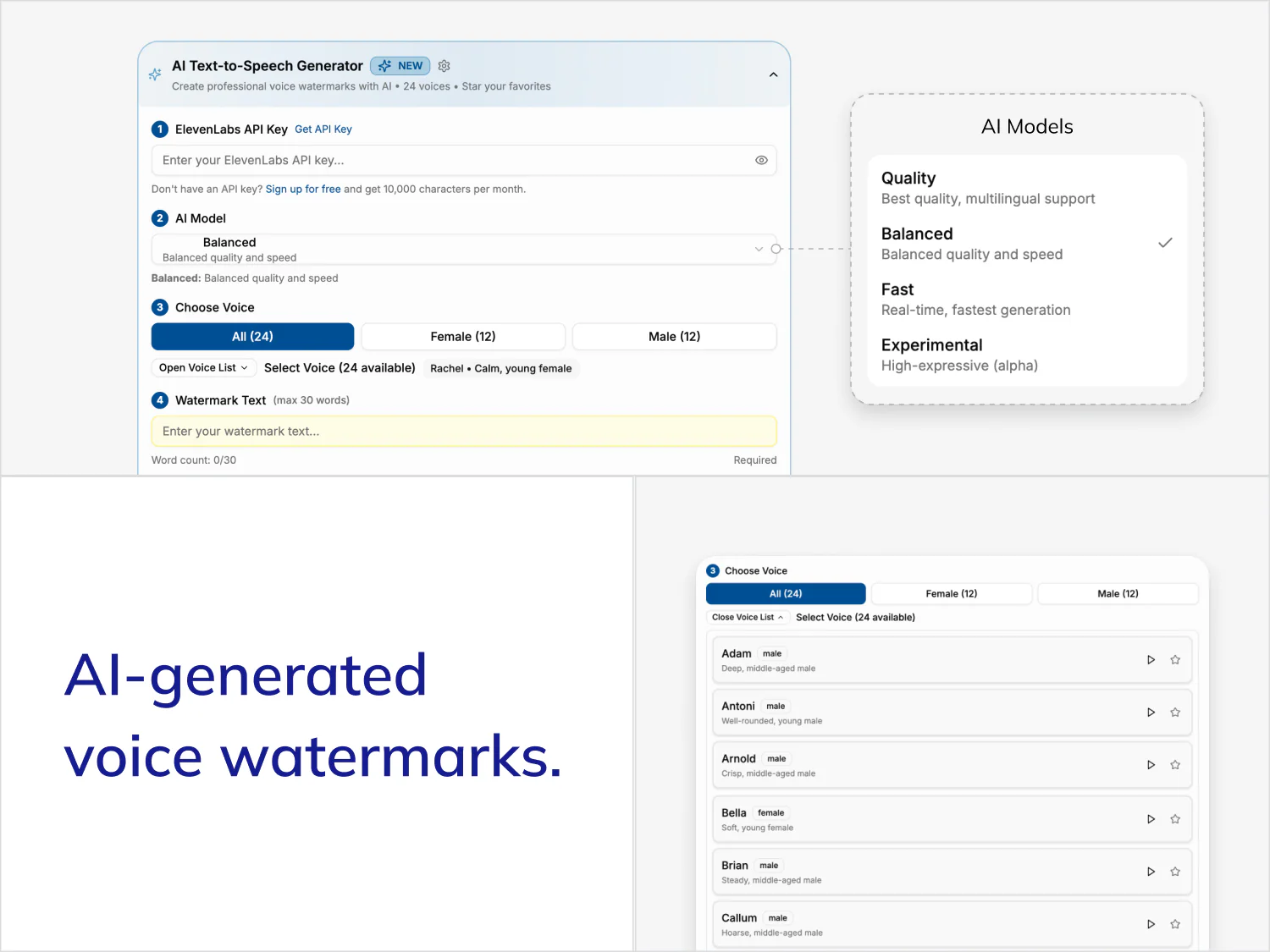 The app's AI Text-to-Speech watermark generator, showing voice model options and an expandable list of 24 selectable voices.
