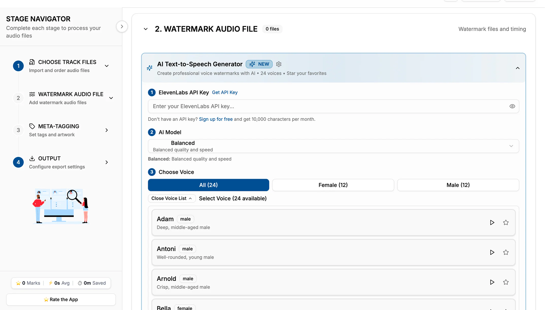 AG Watermark Generator AI Text-to-Speech section with an ElevenLabs API key field, model choice and voice list.