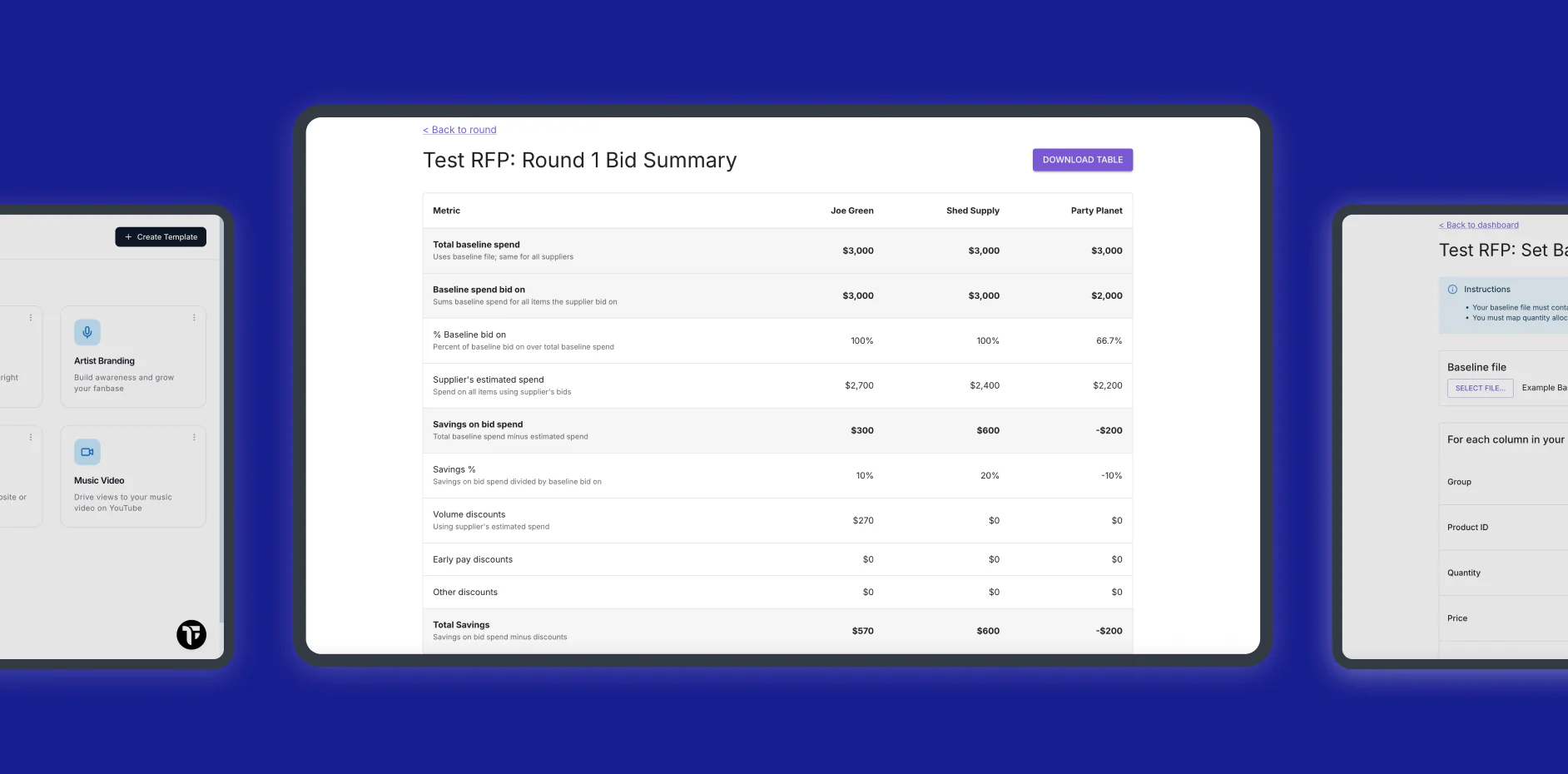 Bidderize Round 1 Bid Summary table comparing three suppliers on baseline spend, savings and discounts.