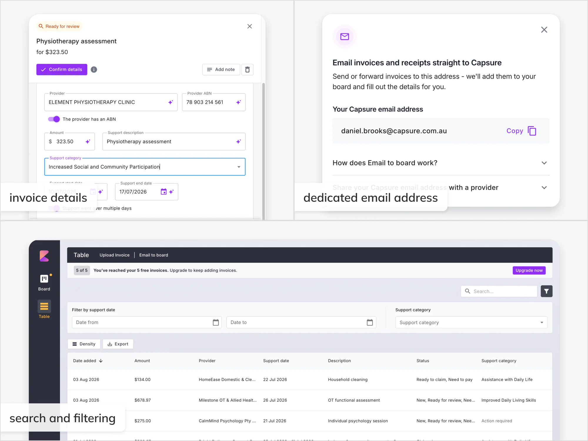 Capsure's invoice review panel, dedicated invoice email address, and searchable invoice table.