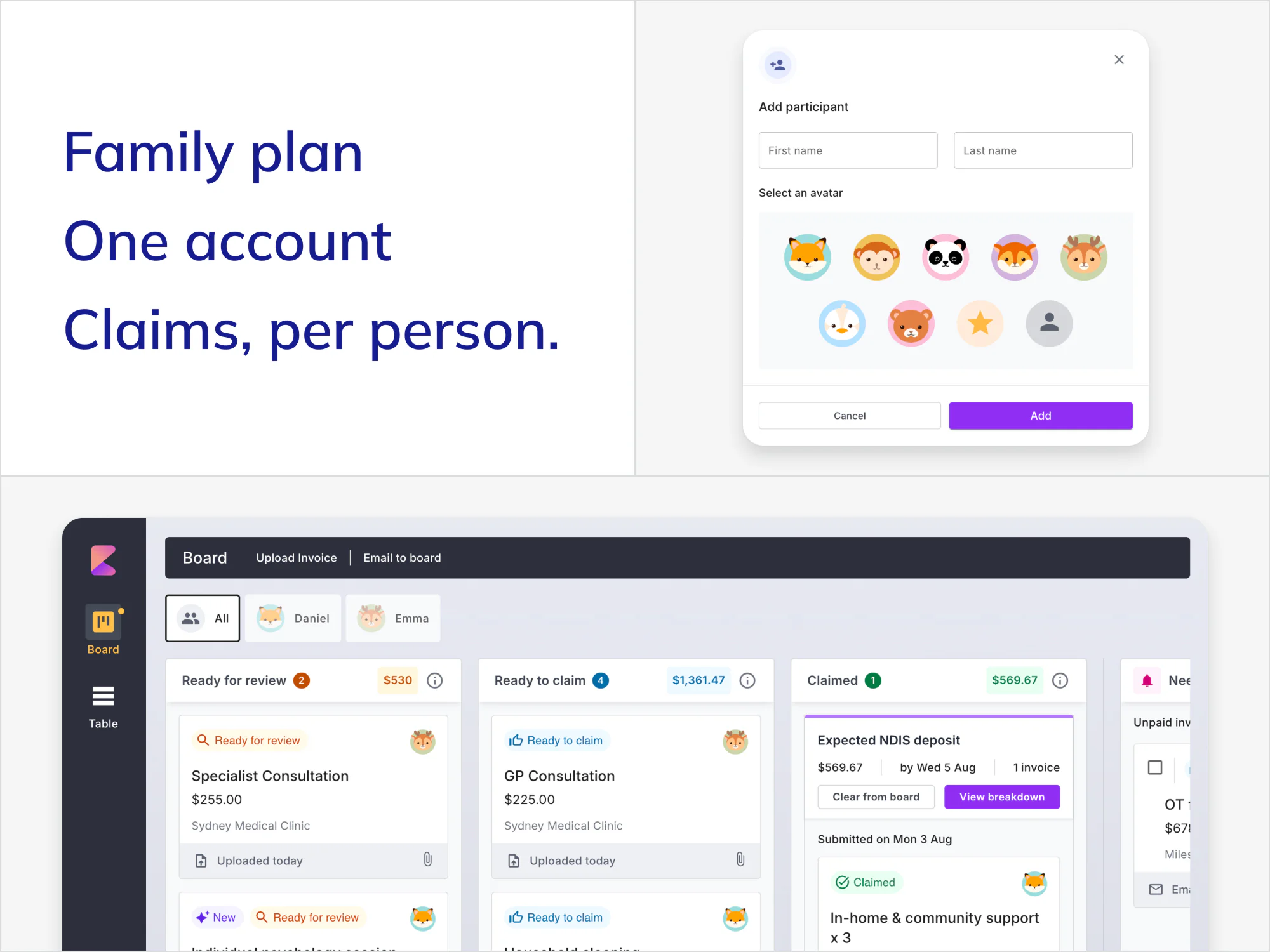 Capsure's family plan: adding a participant and viewing claims filtered per person.