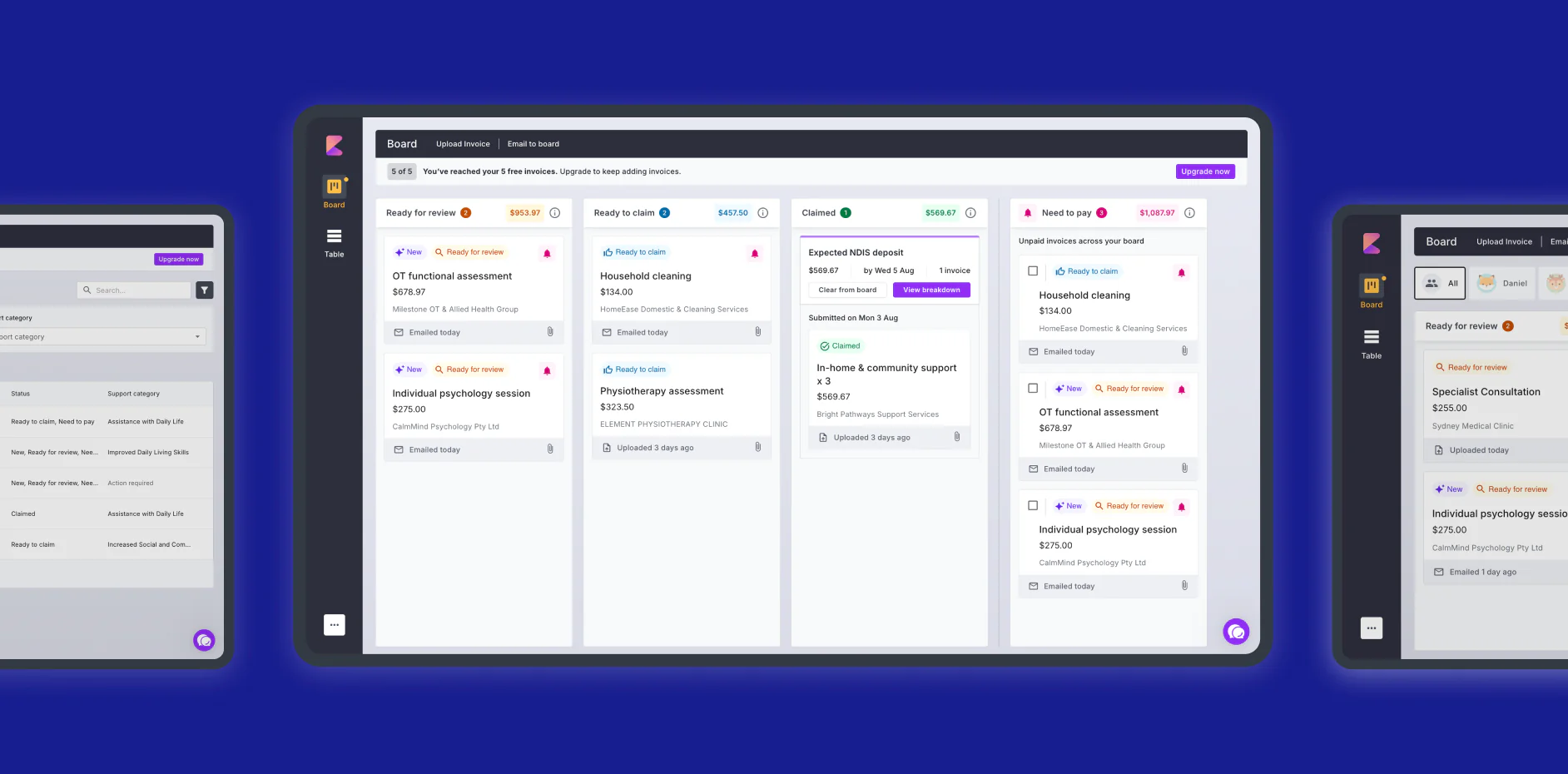 Capsure board view with invoices sorted into Ready for review, Ready to claim, Claimed and Need to pay columns.