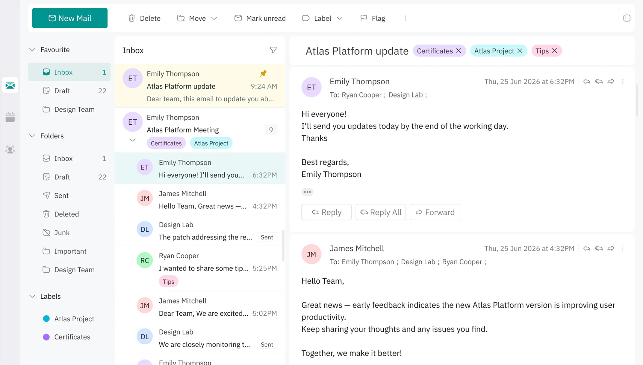 Corporate email client showing the inbox, folders and labels beside an open Atlas Platform update thread.