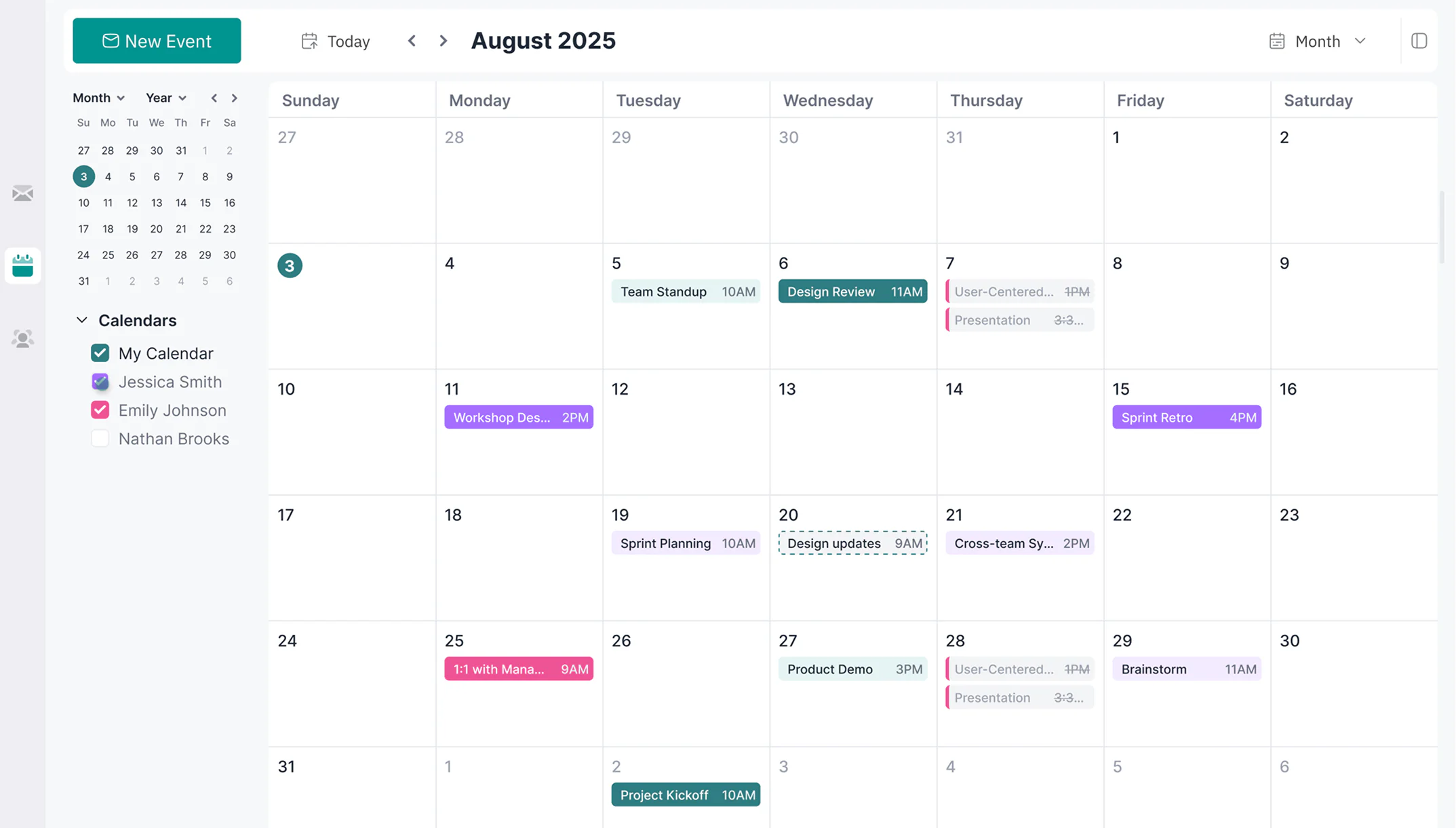 Corporate calendar in month view for August 2025 with scheduled events and a list of calendars.