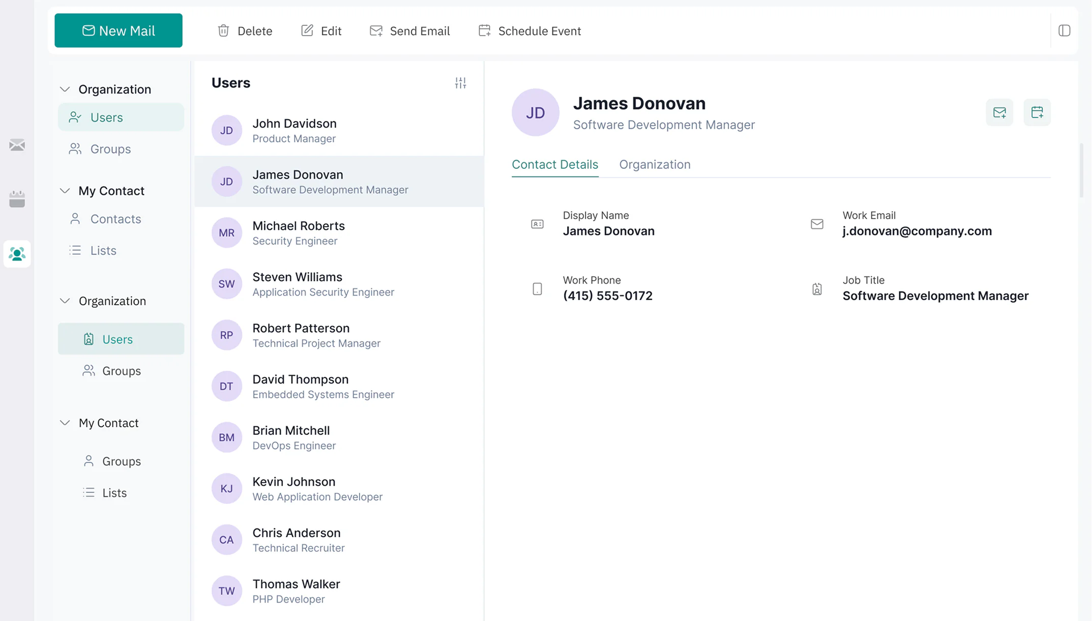 Corporate directory of users with a selected contact's name, email, phone and job title.