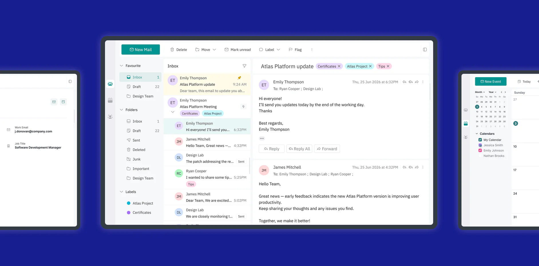 Corporate email client showing an inbox with folders and labels beside an open message thread.