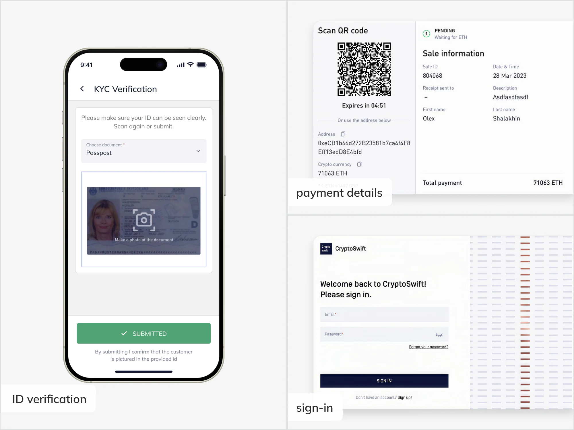 CryptoSwift screens: an ID verification step on a phone, the payment details page with a QR code and sale information, and the sign-in page.