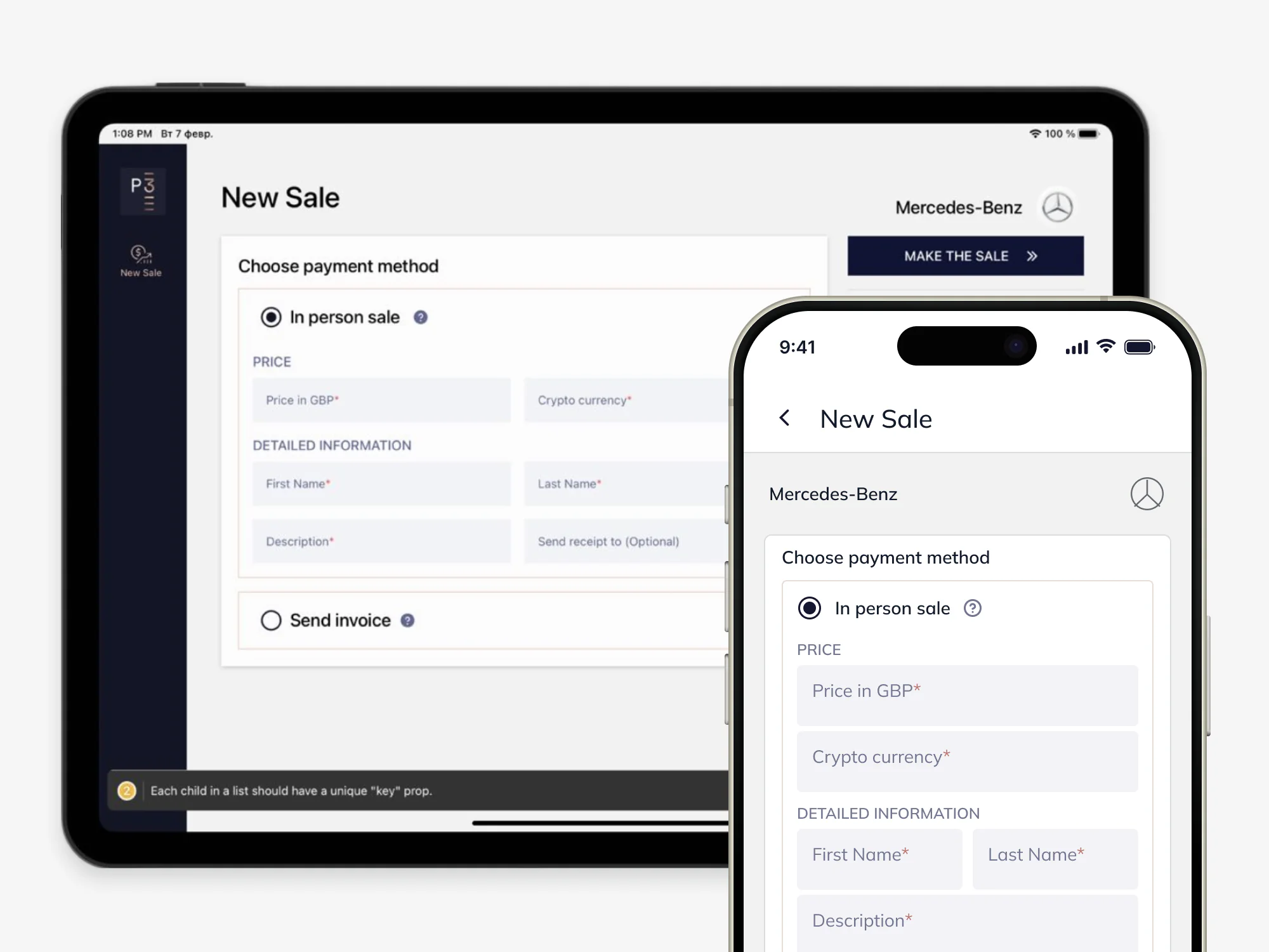 CryptoSwift New Sale payment form on a tablet and a phone, the same screen on both devices.