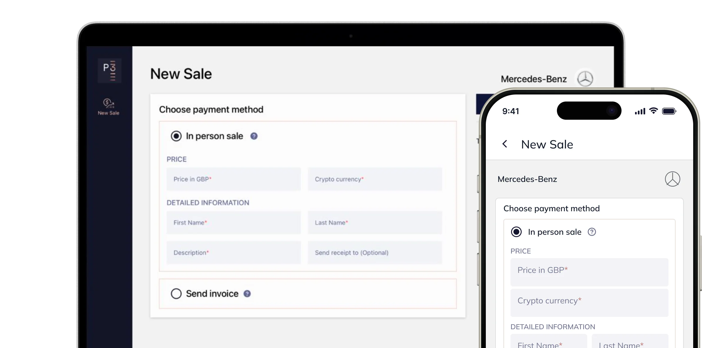 CryptoSwift New Sale payment form shown on a laptop and a phone, from the same app.
