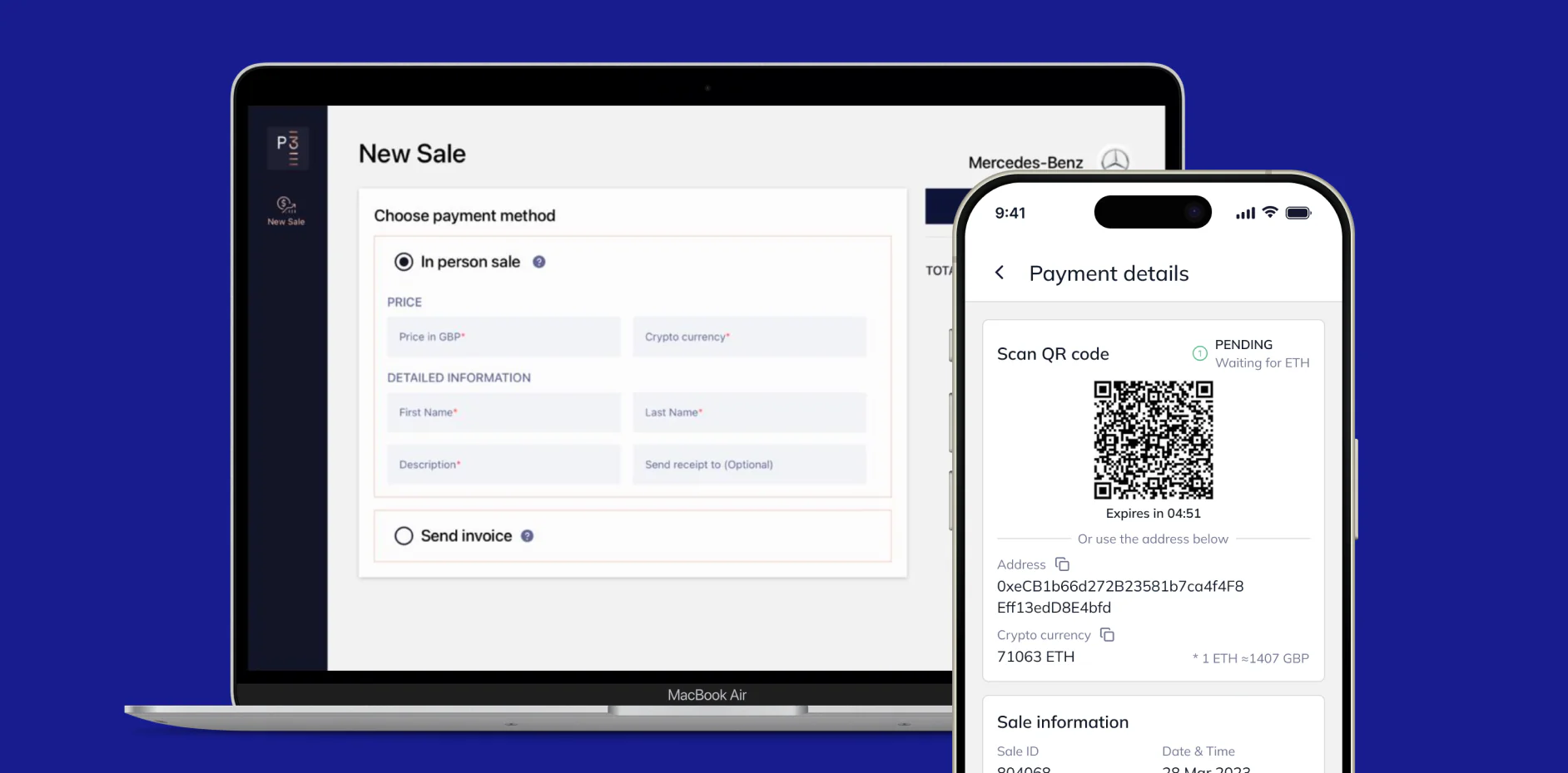 CryptoSwift New Sale payment form on a laptop, with the Payment details QR code screen on a phone in front.