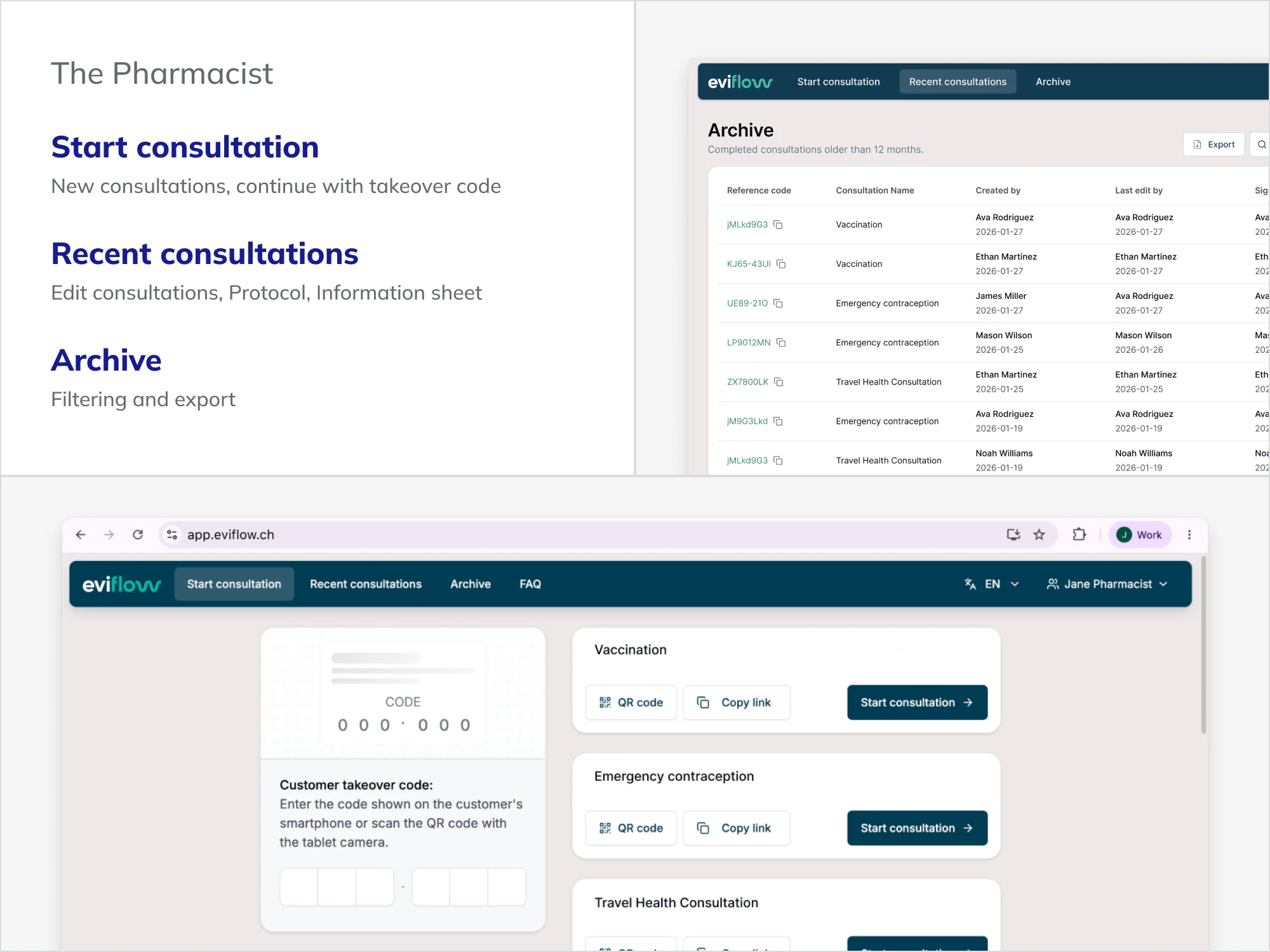 The Pharmacist's Recent Consultations, Start Consultation, and Archive views in the Eviflow app.