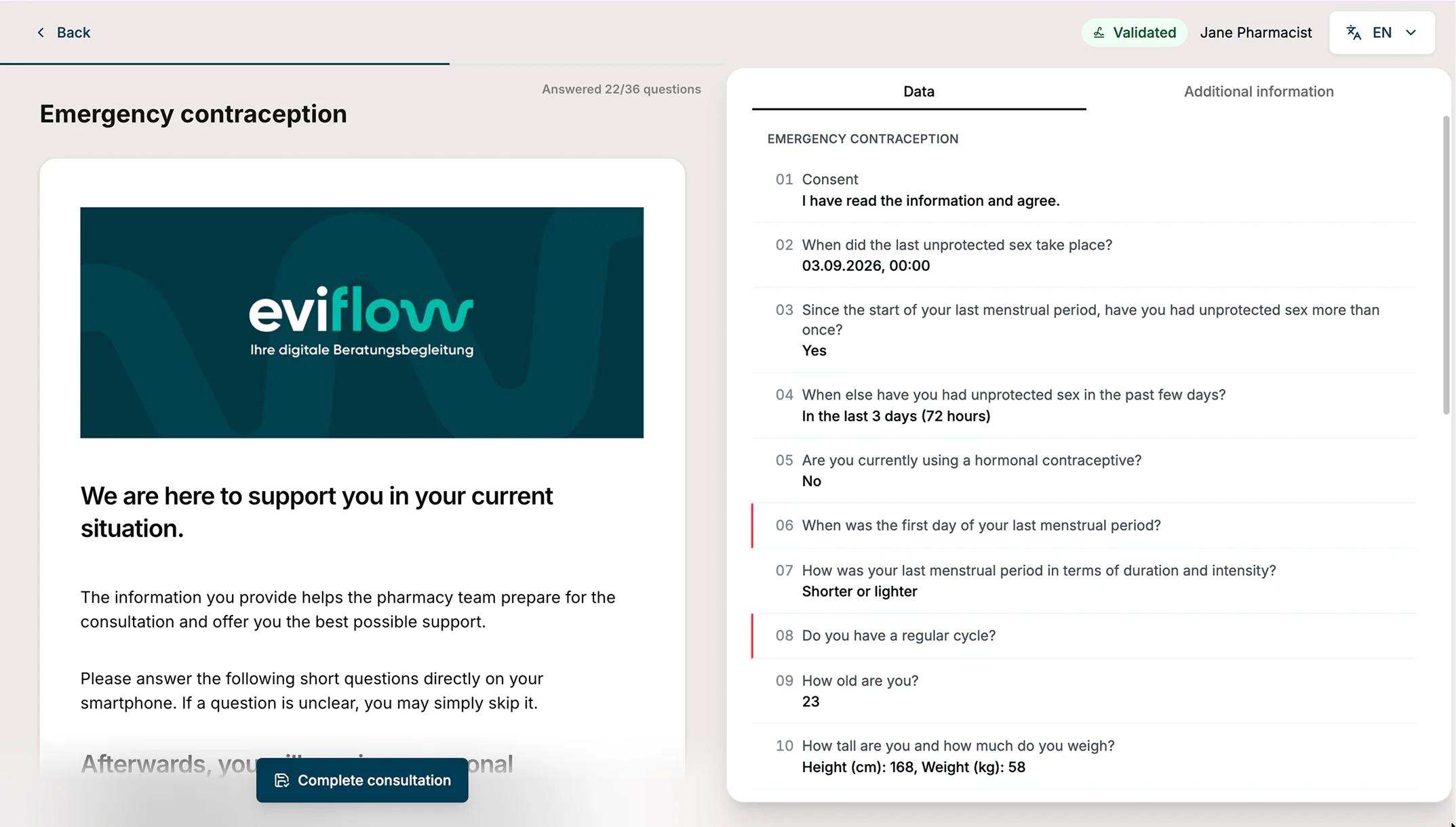 Eviflow consultation screen for Emergency contraception, with a welcome message beside the recorded answers.