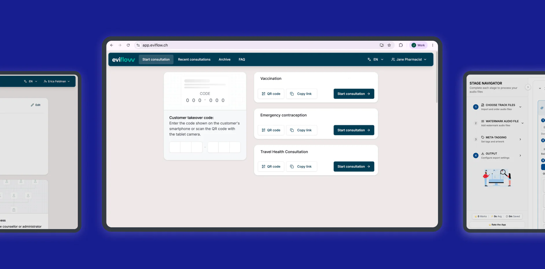 Eviflow pharmacist view listing consultations such as Vaccination and Emergency contraception with start buttons.