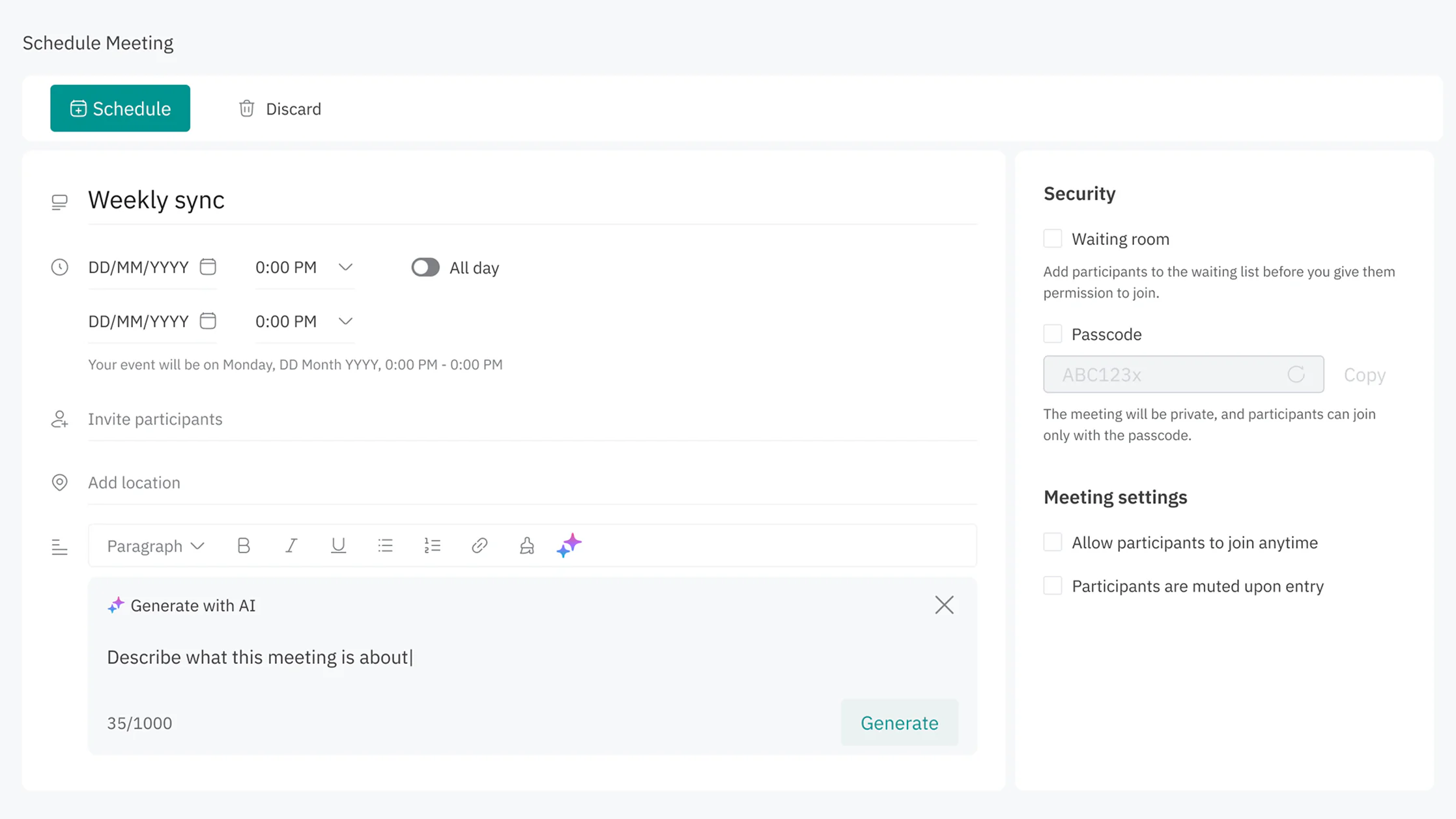 Schedule Meeting form with title, time, participants, an AI description generator and security settings.