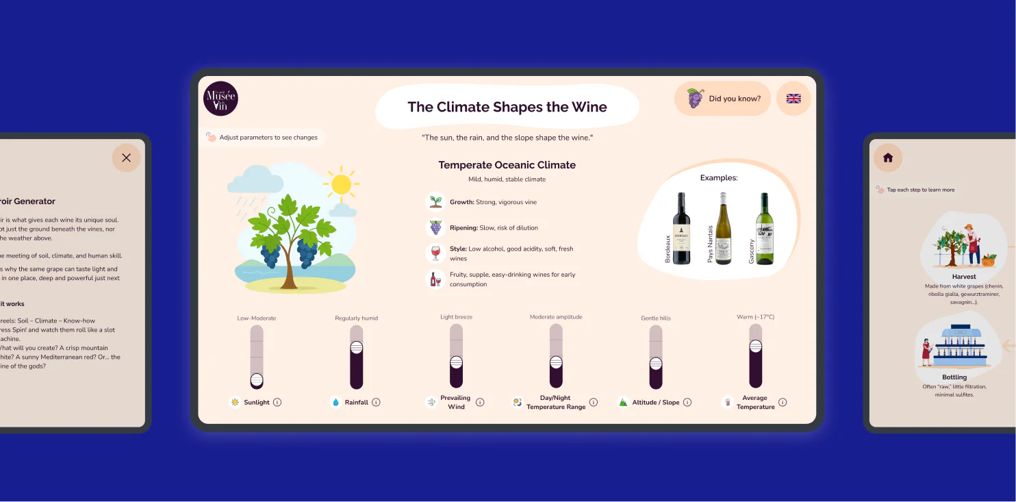 Museum kiosk screen on how climate shapes wine, with a vine illustration, climate details and adjustable sliders.