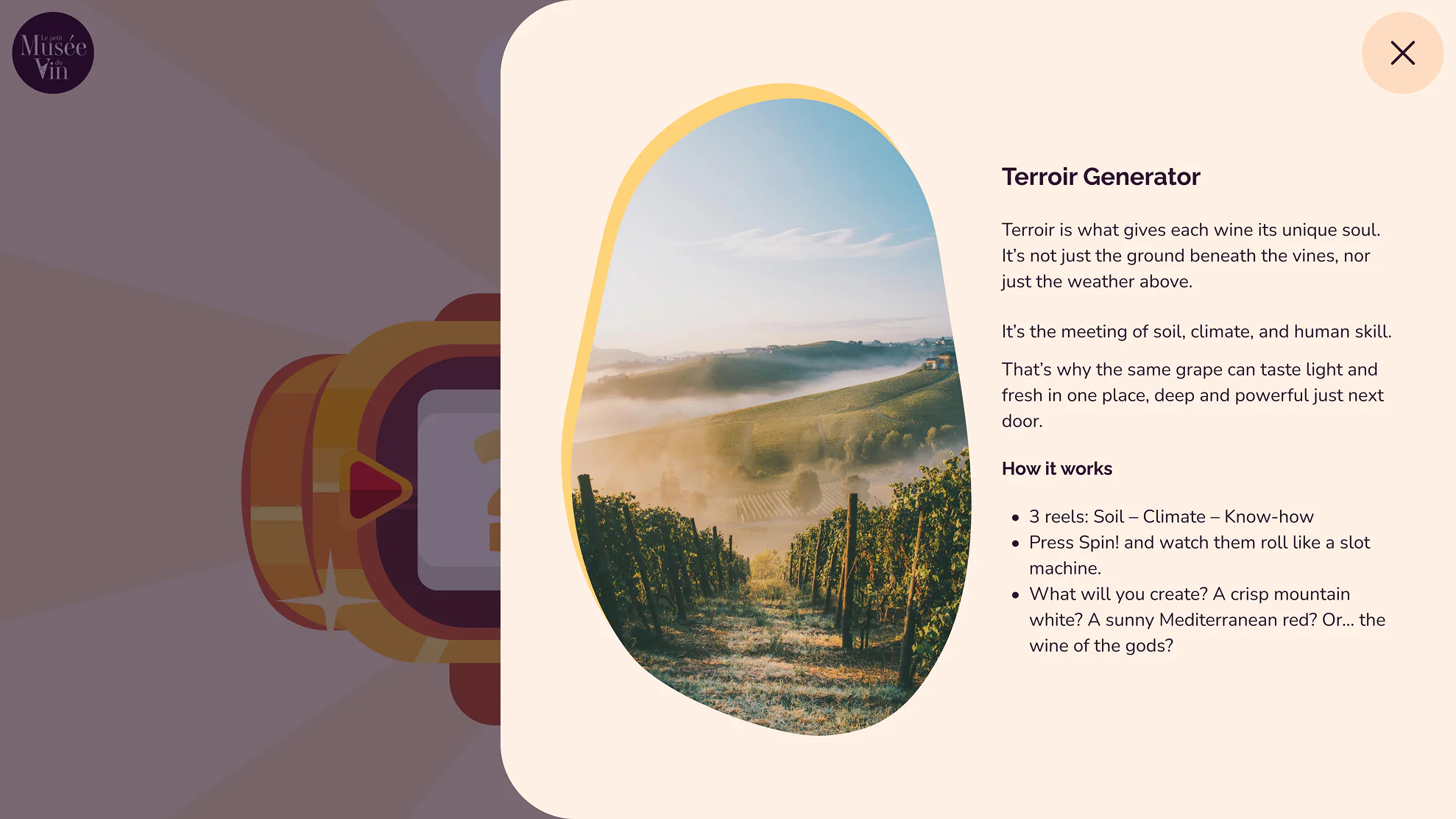 Museum kiosk Terroir Generator pop-up explaining terroir, with a photo of misty vineyard hills.