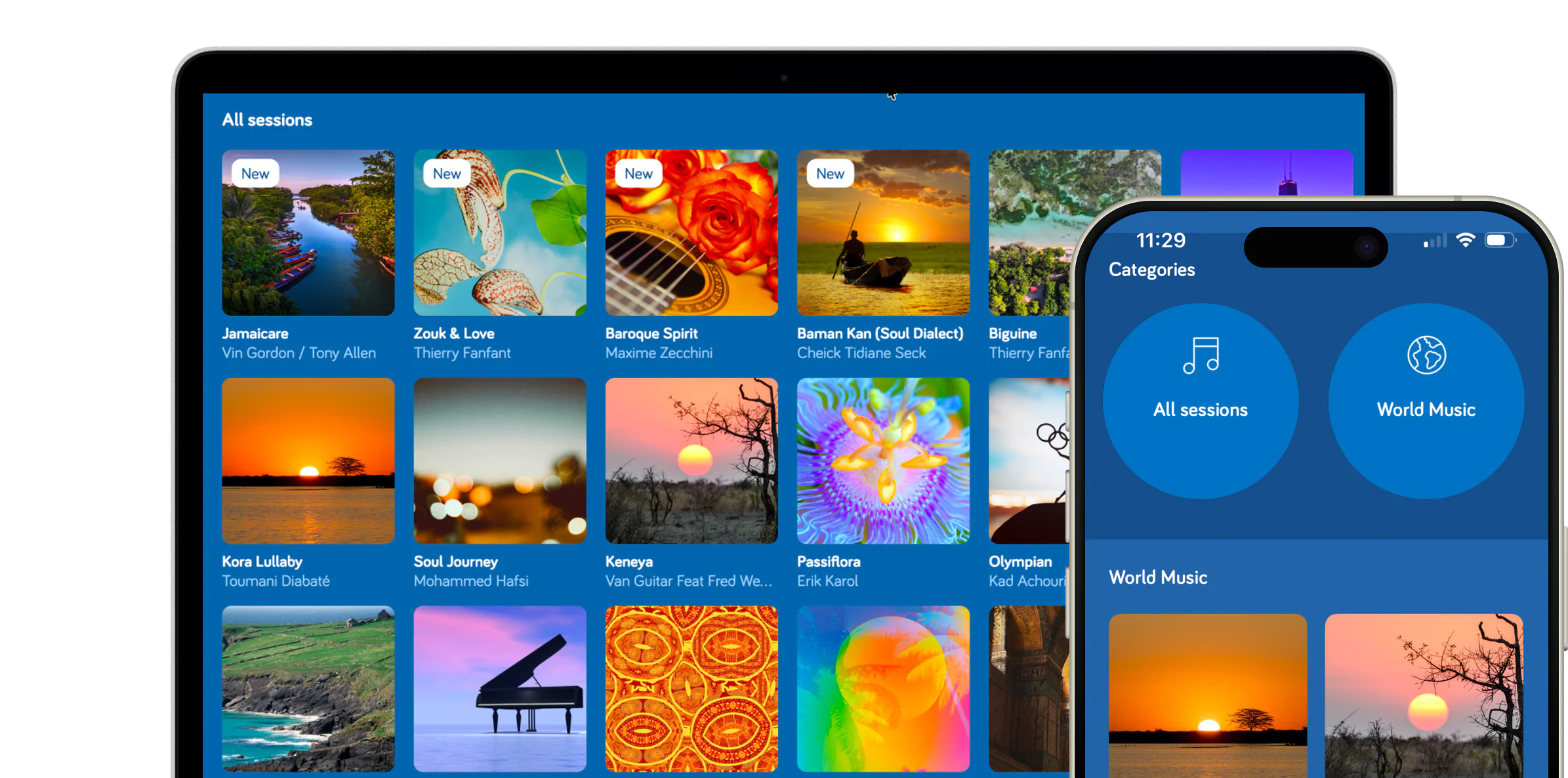 Music Care All sessions grid of album covers on a laptop, with the Categories screen on a phone in front.