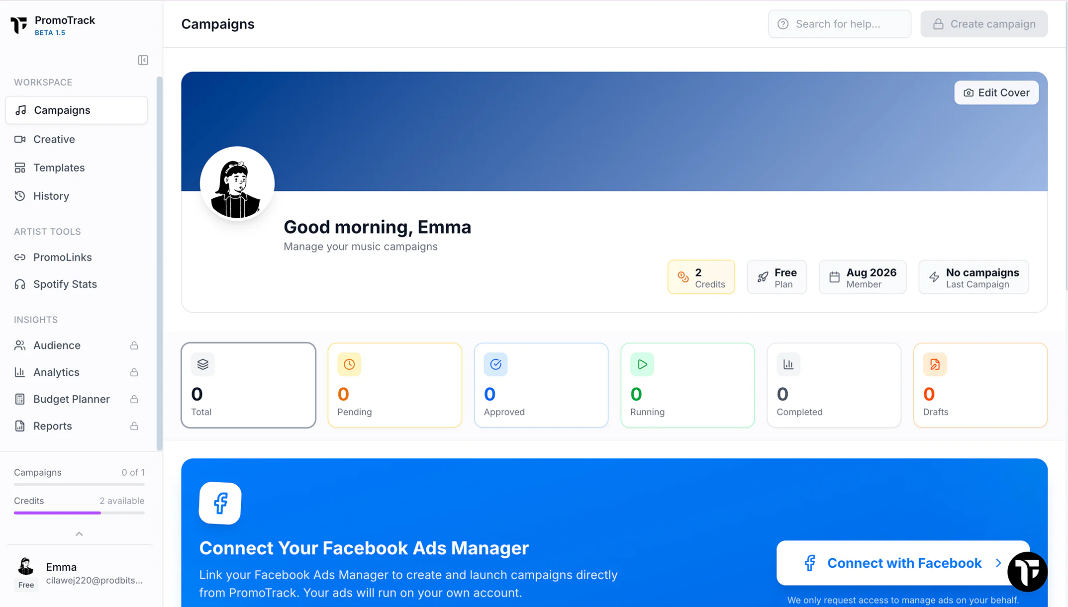 PromoTrack campaigns dashboard with a welcome banner, campaign status counts and a Connect with Facebook prompt.