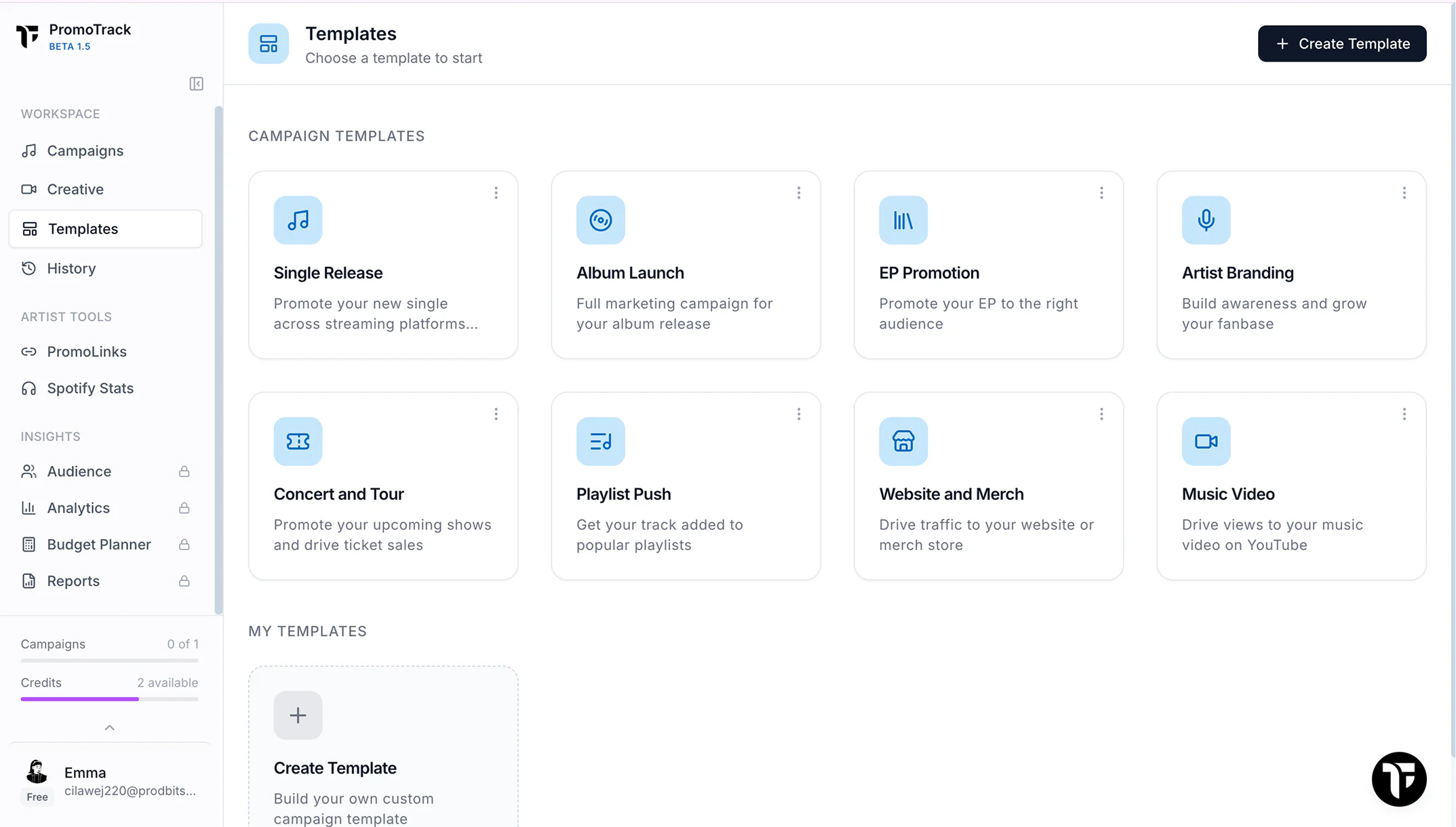 PromoTrack Templates page listing campaign templates such as Single Release, Album Launch and Music Video.