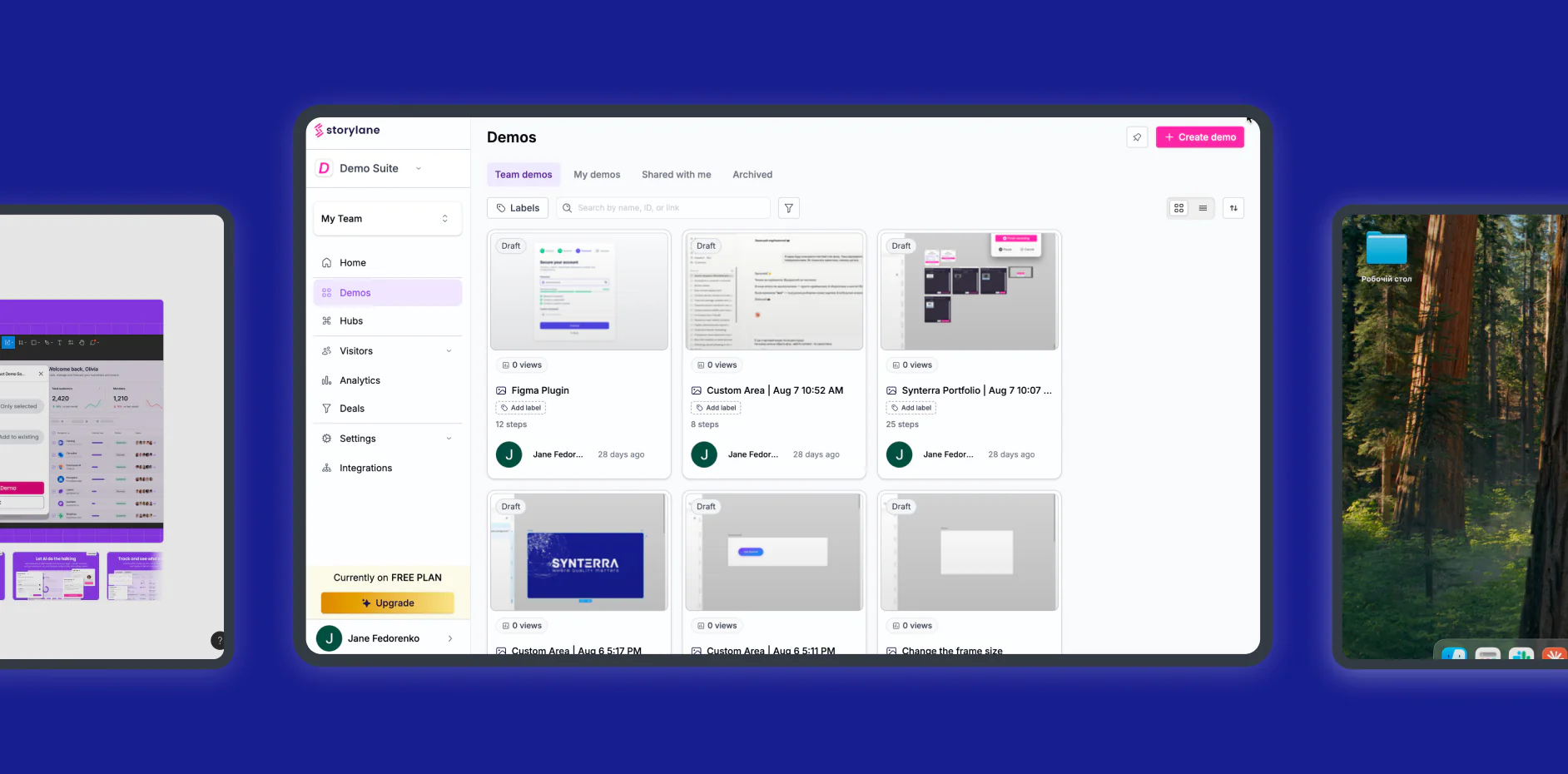 Storylane web app Demos page listing draft interactive demos with step counts and authors.