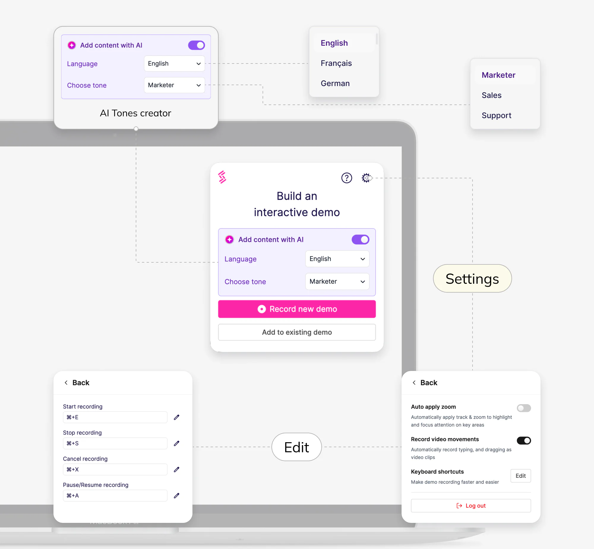 Storylane's desktop app settings, keyboard shortcuts, and the AI-assisted demo builder.