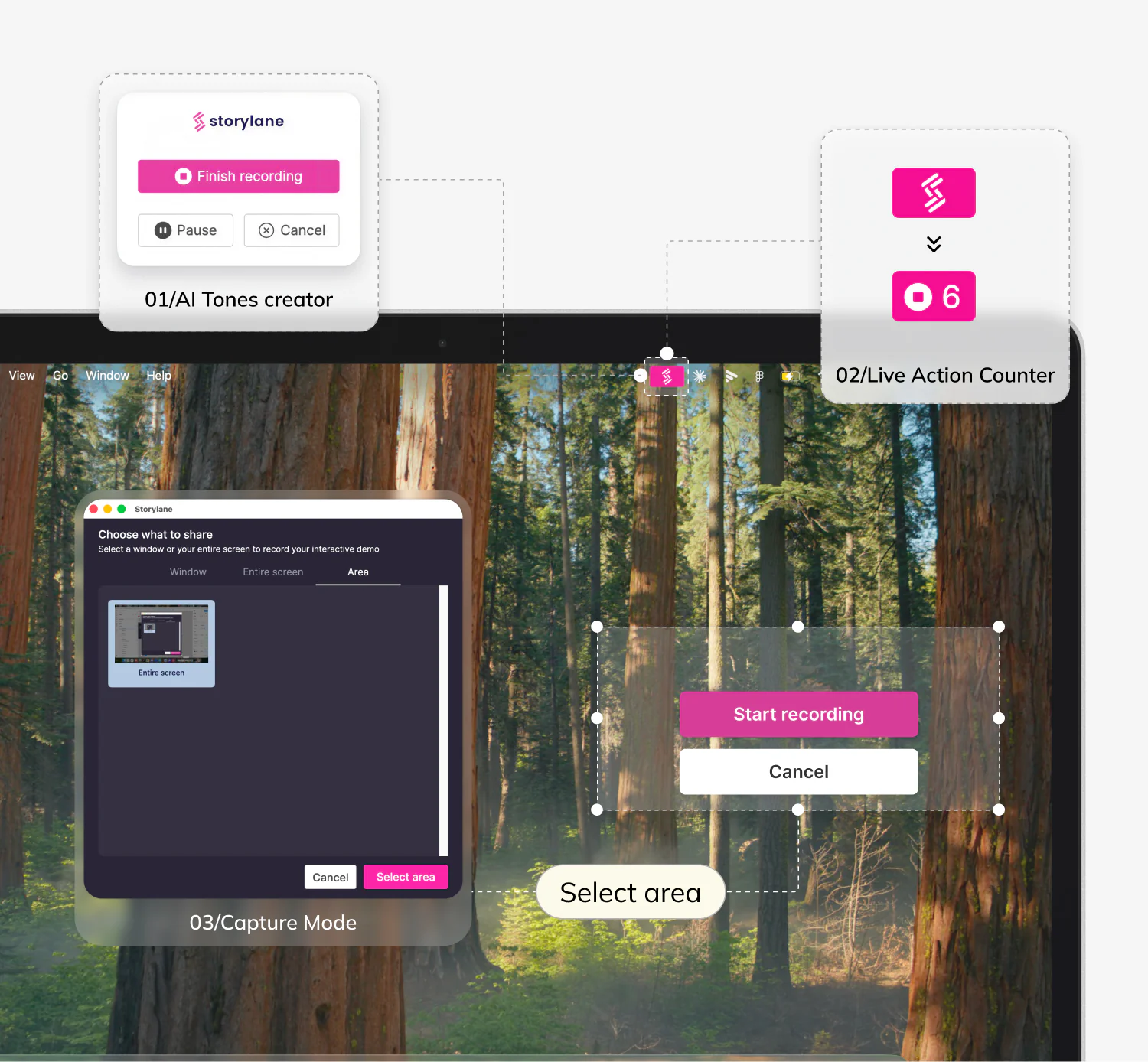 Storylane's desktop recording flow: starting a recording, the live action counter, and selecting a capture area.