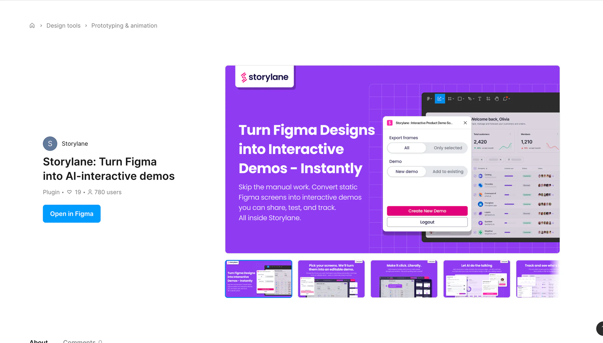Storylane plugin page in the Figma Community, Turn Figma Designs into Interactive Demos, with its export panel.