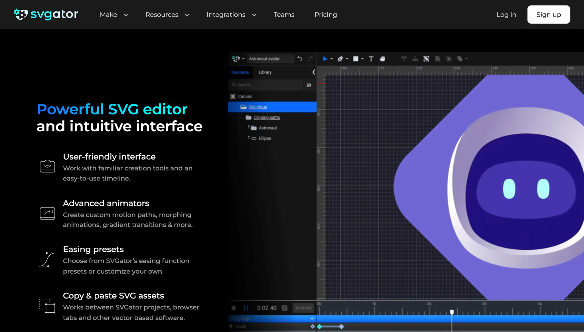 SVGator website section titled Powerful SVG editor, with the animation editor open on an astronaut avatar illustration.