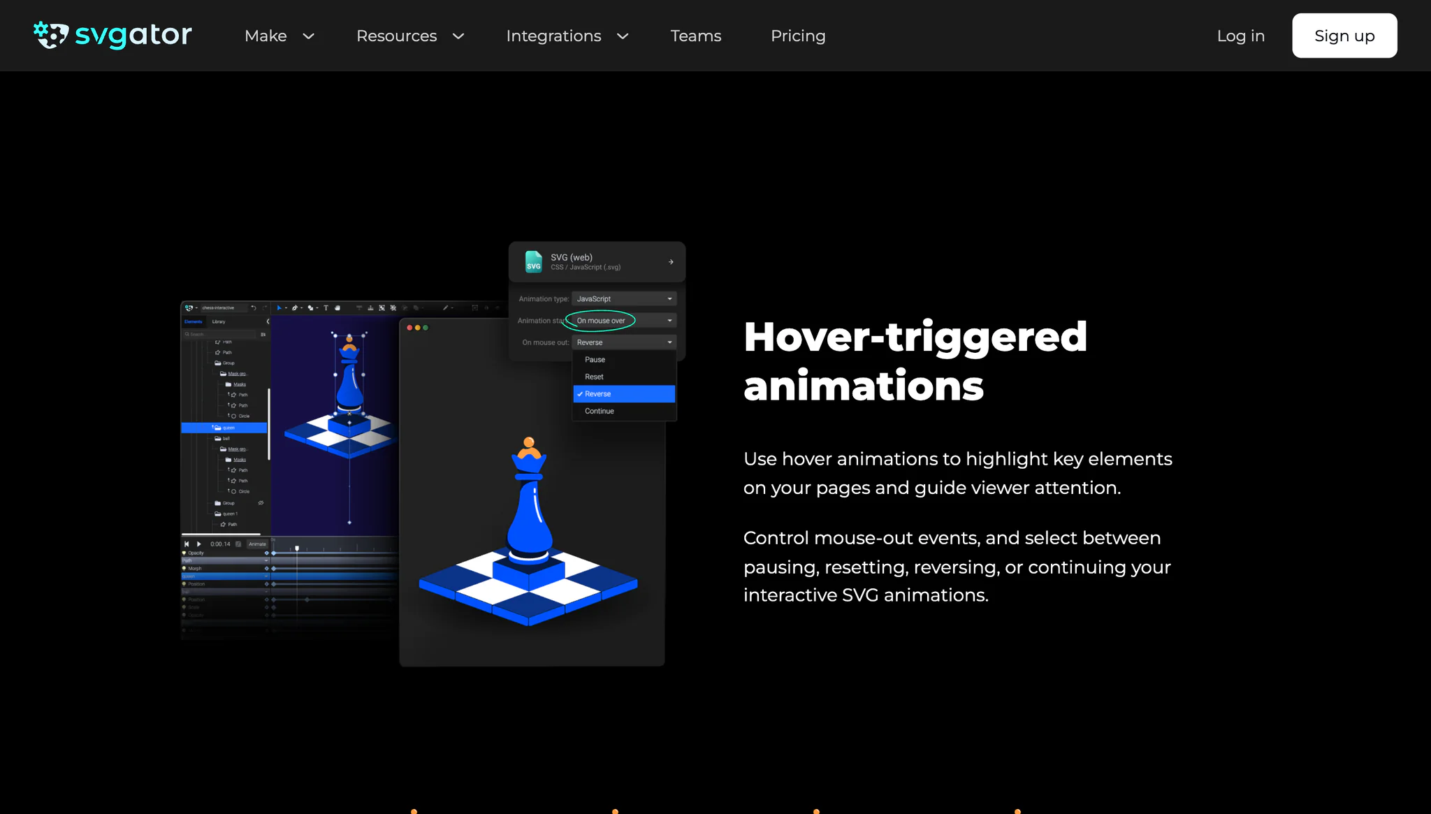 SVGator website section on hover-triggered animations, with a chess piece animation and mouse-over settings.