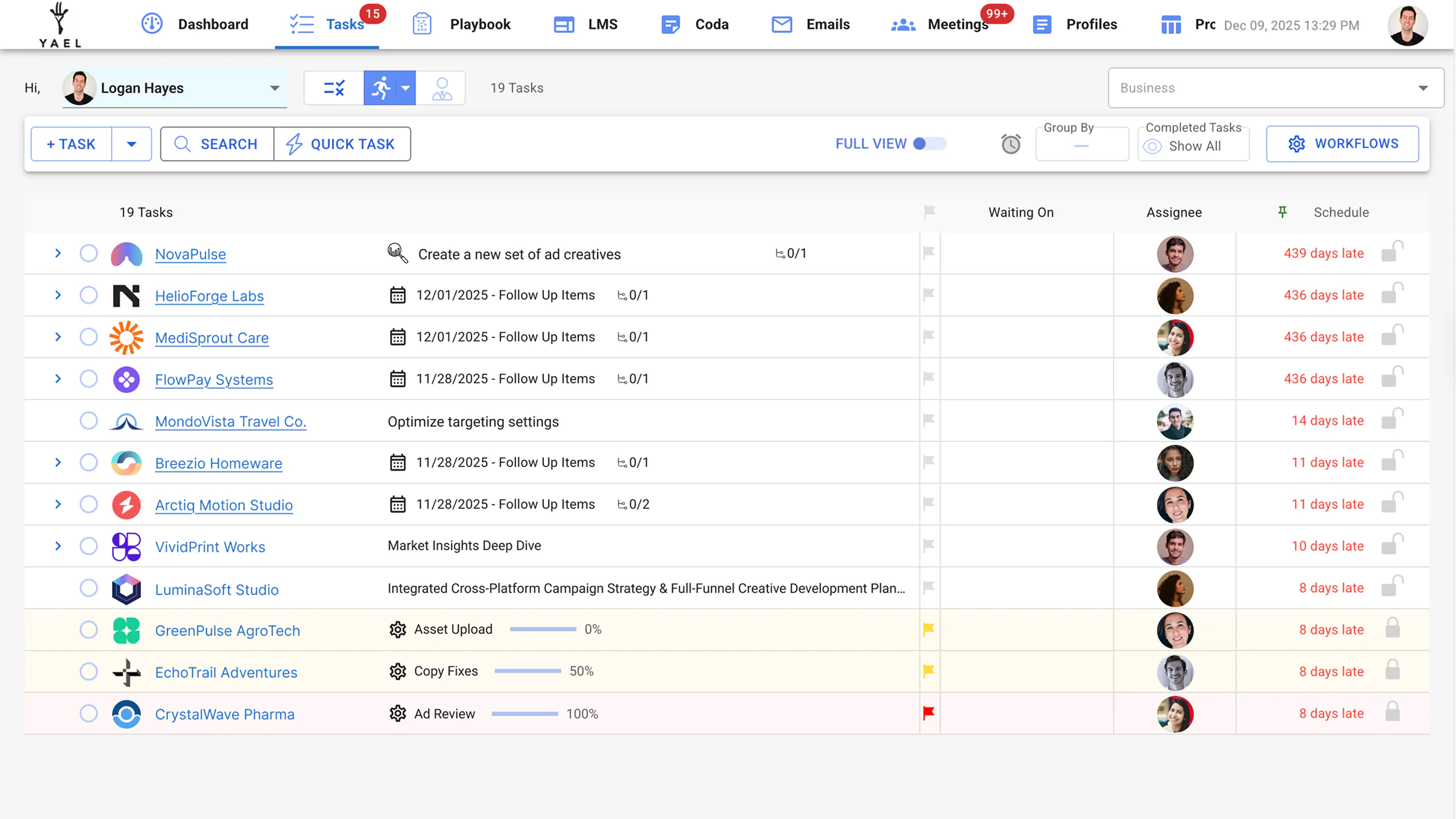 Yael Consulting task list showing client tasks with assignees and schedule status.